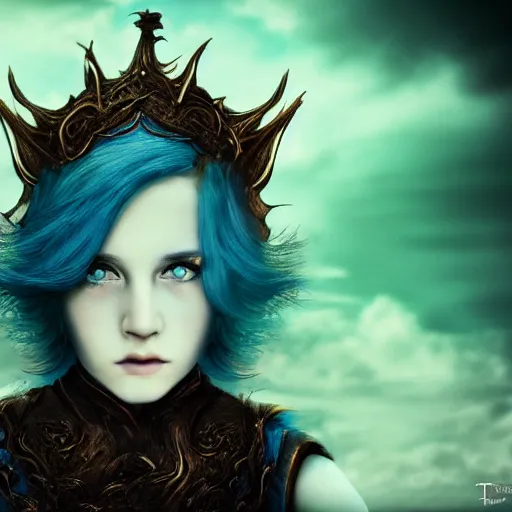 Prompt: The dragon girl portrait, portrait of young girl half dragon half human, dragon girl, dragon skin, dragon eyes, dragon crown, blue hair, long hair, highly detailed, cinematic lighting, by Tim Burton