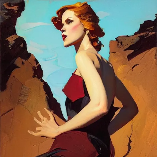 Prompt: an attractive female standing on a cliff, looking out at a red ocean, jc leyendecker!! phil hale!, angular, brush strokes, painterly, vintage, crisp