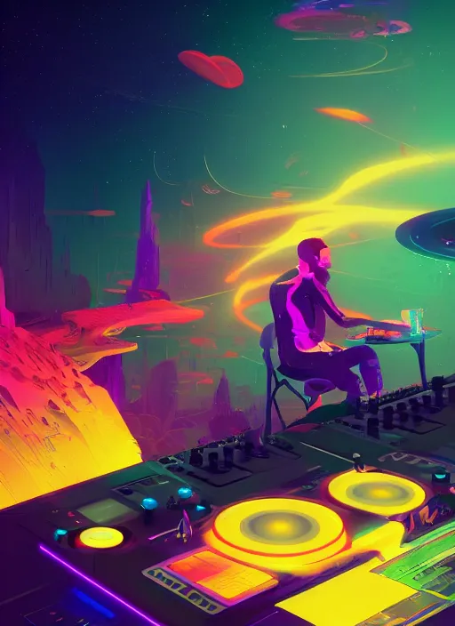 Image similar to Man djing in front of the universe, digital art, dynamic lighting, hyper detailed, artstation, golden ratio, by Anton Fadeev and Beeple and greg rutkowski and liam wong, 4K