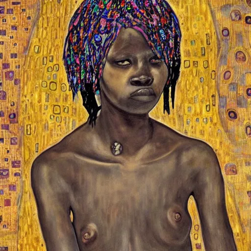 Image similar to ghost african women with tribal tatoo, klimt paint