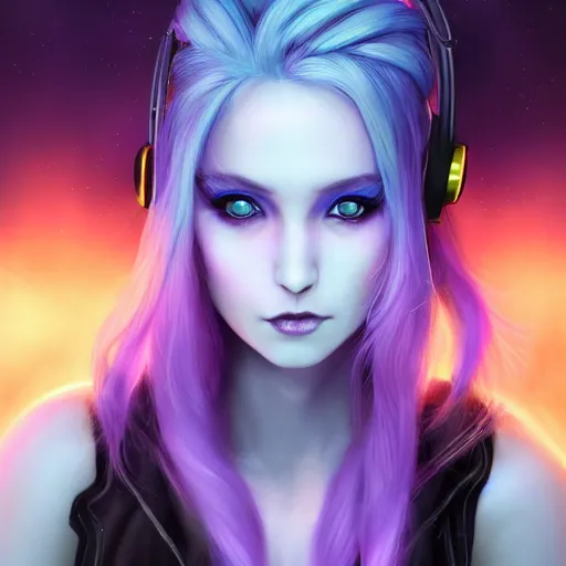 Image similar to Fantasy warlock, character portrait, pretty egirl gaming, blue hair, perfect blue arctic eyes, blue neon style gaming headset, face, very pretty face, cinematic lighting, hyper-detailed, cgsociety, 8k, high resolution, in the style of Charlie Bowater, Tom Bagshaw, single face, symmetrical, headshot photograph, insanely detailed and intricate, beautiful, elegant, cinematic, portrait, Raphaelite, headroom, artstation