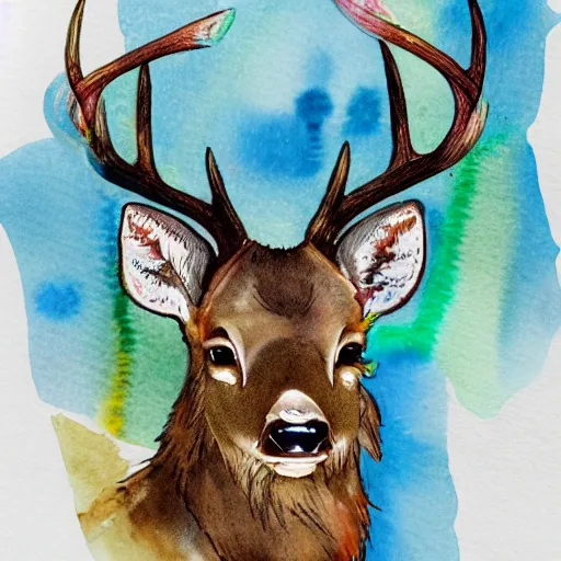 Image similar to water color and pen, high resolution, detailed, trending on artstation, deer