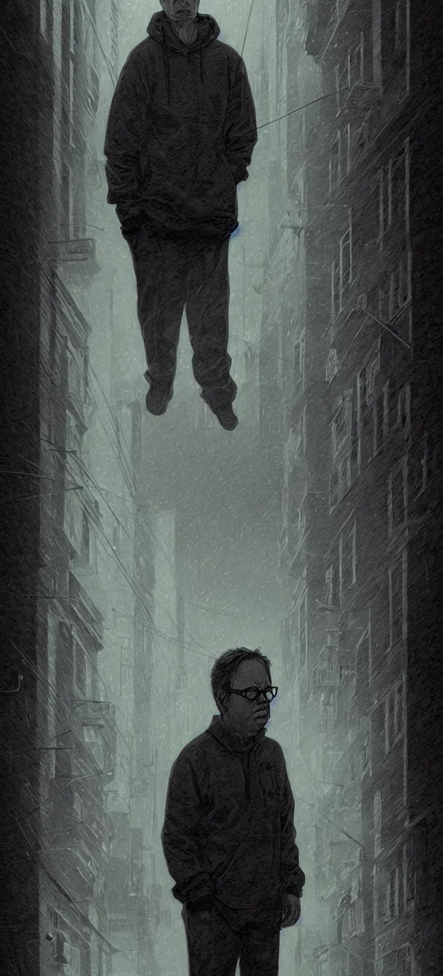 Image similar to dark sad graphic novel stariing todd solondz lonely in a cold city, diffuse lighting, realism, intricate, elegant, highly detailed, lifelike, photorealistic, digital painting, artstation, illustration, concept art, smooth, sharp focus, art by ardian syaf and pepe larraz and gregory crewdson