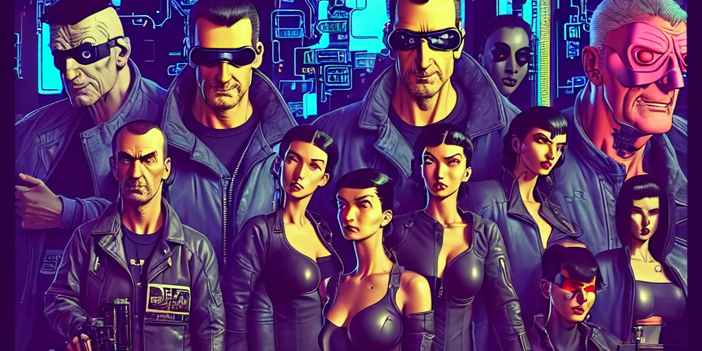 Image similar to cyberpunk heist crew. portrait by stonehouse and mœbius and will eisner and gil elvgren and pixar. character design. realistic proportions. dystopian. cyberpunk 2 0 7 7 character art, blade runner 2 0 4 9 concept art. cel shading. attractive face. thick lines. hi def 4 k. the team. detailed interesting characters. realistic expressive faces.