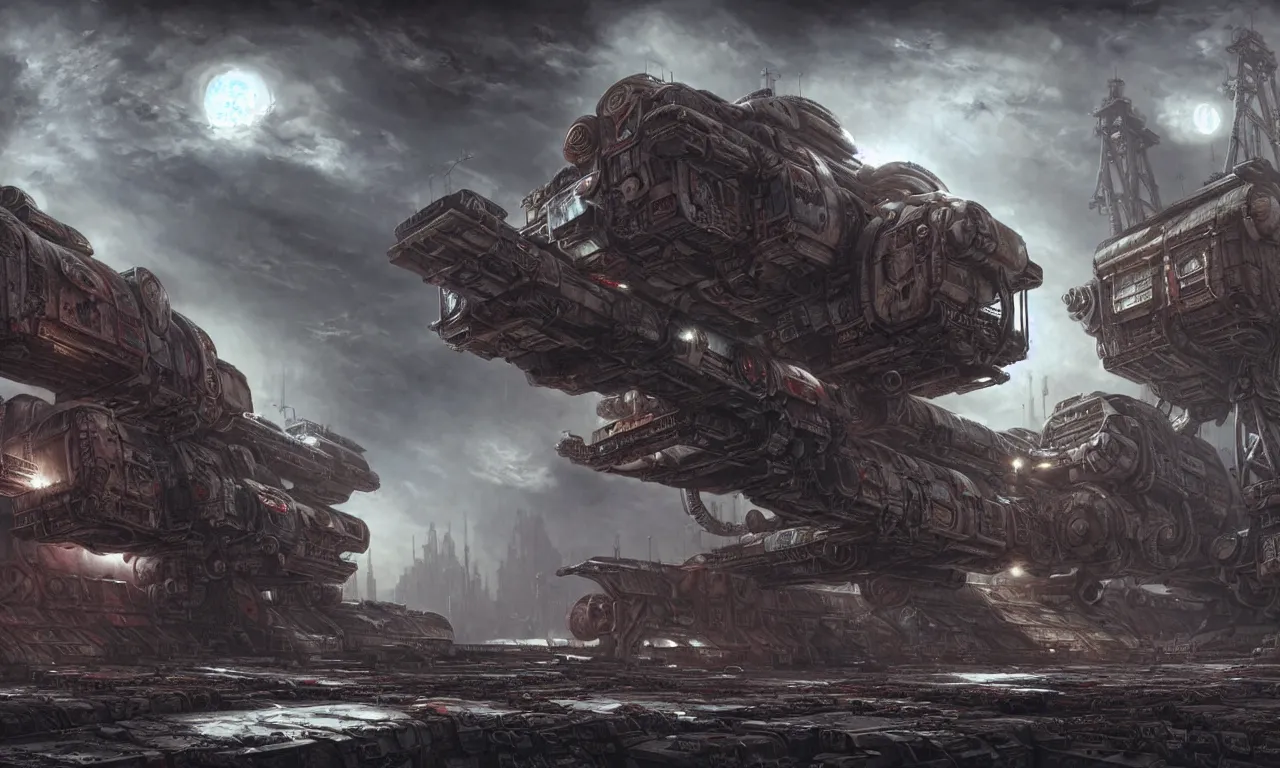 Image similar to a beautiful highly detailed matte painting of a huge derelict cargo starship, Space Hulk, WarHammer 40k by Jose Daniel Cabrera Pena and Leonid Kozienko, concept art