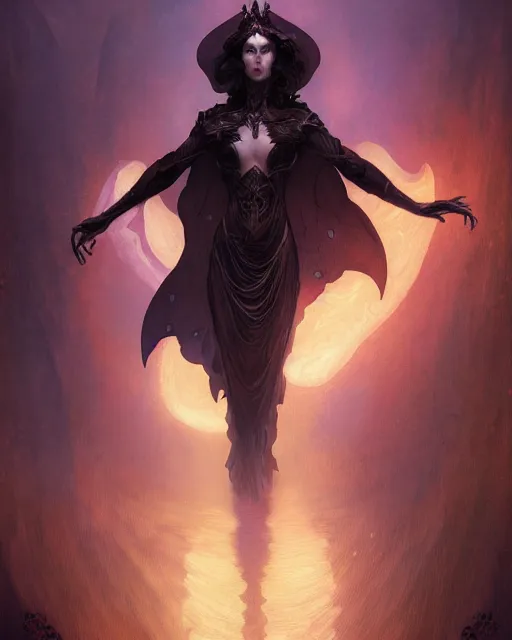 Image similar to wlop, bastien lecouffe deharme, alfons mucha, detailed portrait digital painting of a beautiful serious villainess wearing fantasy clothing like liliana vess, villainess has black angel wings, evil mood, hellish battlefield in the background, embers flying, unreal engine, hyper realism, realistic shading, cinematic composition, blender render, ultrawide shot