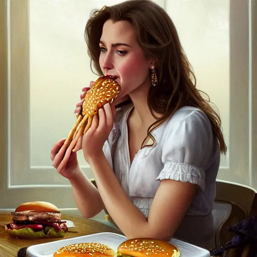 Image similar to portrait of Barbara Bush eating hamburgers, extra onions and ketchup, luscious patty with sesame seeds, feminine ethereal, handsome, D&D, fantasy, intricate, elegant, highly detailed, digital painting, artstation, concept art, matte, sharp focus, illustration, art by Artgerm and Greg Rutkowski and Alphonse Mucha