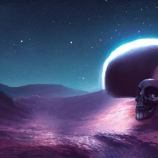 Image similar to full scene of a planet that somewhat resembles a skull, stars in the background, natural, ultra detail. digital painting, beautiful, concept art, ethereal, cinematic, epic, 8k, highly detail, fine detailing, cinematic lighting, smooth, sharp, volumetric, intricate, Artstation, mystical, illustration, Trending on Artstation, Artstation HQ, Artstation HD, deviant art, Pinterest, digital art,