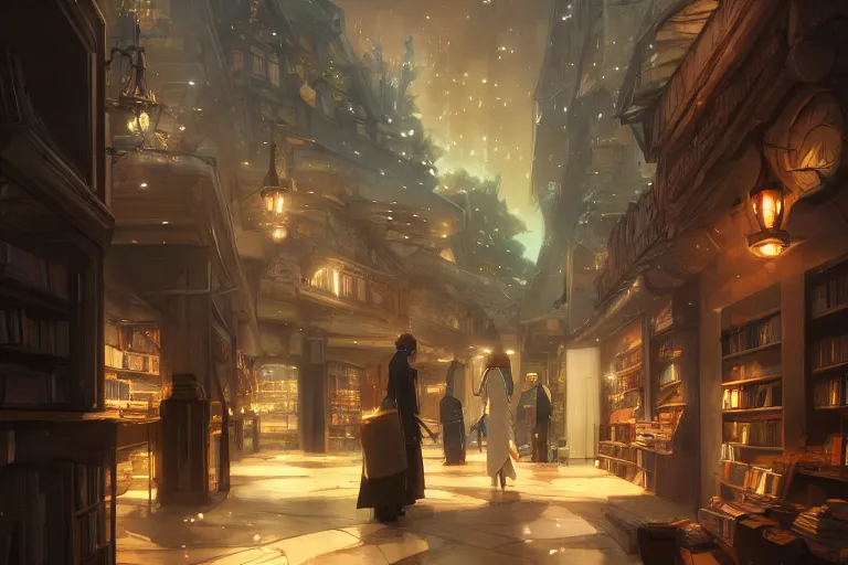 Prompt: fantasy bookstore, single subject, scenic full shot, ambient lighting, detailed face, by makoto shinkai, stanley artgerm lau, wlop, rossdraws