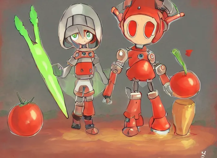 Prompt: cute robot with tomato head and a carrot sword, made in abyss style