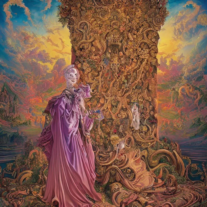 Image similar to beautiful oil painting, full length portrait of dauphinois in baroque coronation robes 1701, Dan Mumford, Dan Mumford, Alex grey, highly detailed , lsd visuals, dmt fractal patterns, hallucinogen, visionary art, psychedelic art, ornate, vaporwave, baroque, Greg rutkowski