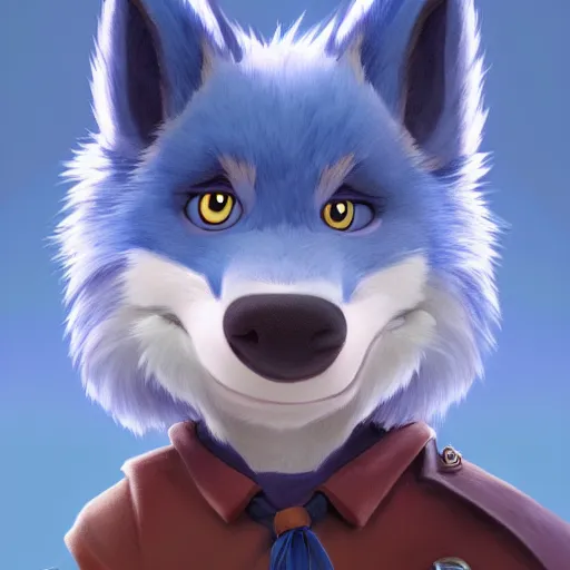 Image similar to portrait character design a young cute blue fluffy werewolf, style of maple story and zootopia, 3 d animation demo reel, portrait studio lighting by jessica rossier and brian froud and gaston bussiere