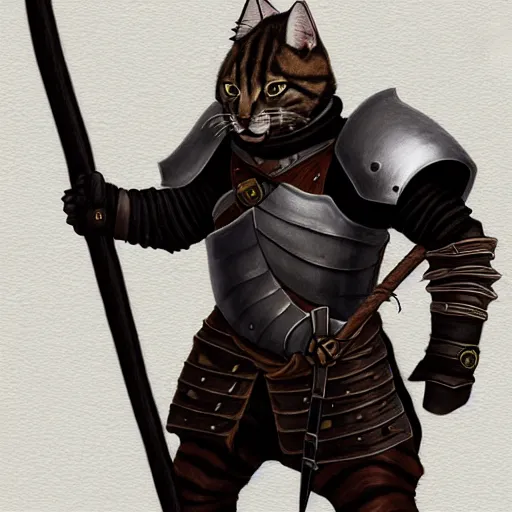 Image similar to quarter length portrait of a dark tabby tabaxi paladin, halberd, plate armor, d & d, tyler jacobson