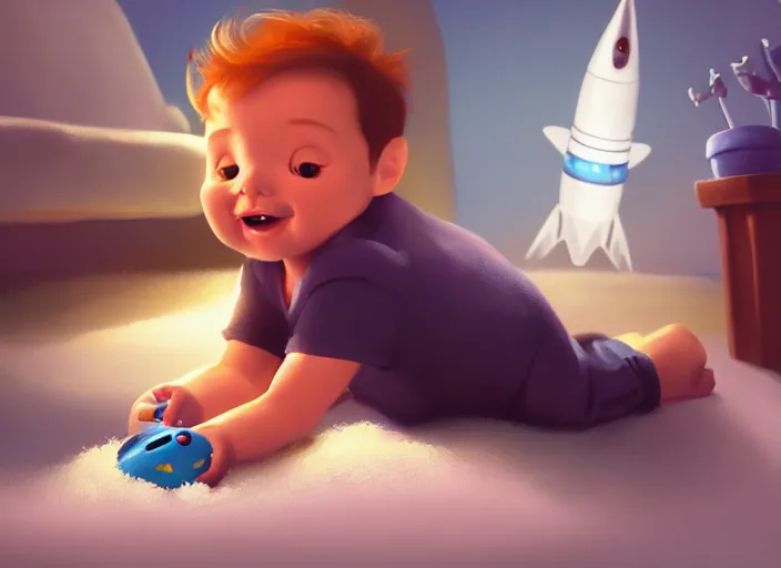 Prompt: toddler elon musk lying on a fluffy rug playing with his space rockets, rendered with renderman, painterly, soft evening lighting, artstation, cgsociety
