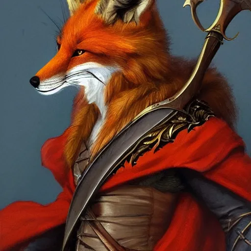 Image similar to anthropomorphic fox wielding a rapier and dagger, 17th century dutch attire, D&D, fantasy, portrait, highly detailed, digital painting, artstation, concept art, sharp focus, illustration, art by artgerm and greg rutkowski and magali villeneuve, red blue and gold color scheme