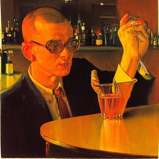 Prompt: a portrait of a man in the 1 9 6 0 s drinking alone in a bar late at night, strong dramatic orange and yellow lighting, by norman rockwell