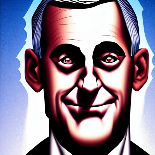 Prompt: digital portrait of secretary of denis mcdonough face with solid glowing eyes, cover art of graphic novel, evil laugh, menacing, Machiavellian puppetmaster, villain, simple style, solid colors, clean lines, clean ink, trending on artstation