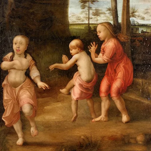 Image similar to children playing in heavy rain, painting, sharp, clear faces, highly detailed photo, style of high renaissance period