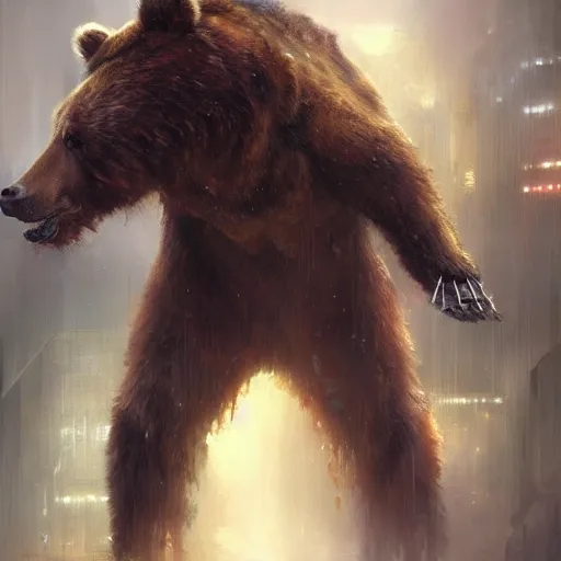 Image similar to stunning portrait of a brown bear, painting by Raymond Swanland, cyberpunk, sci-fi cybernetic implants hq