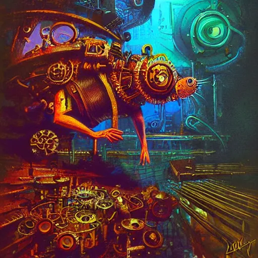 Image similar to steampunk rat, acid, 303, psychedelic, by paul lehr