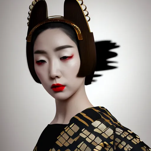 Prompt: ancient japanese inspired avant-garde art, deco fashion, highly detailed, photorealistic portrait, bright studio setting, studio lighting, crisp quality and light reflections, unreal engine 5 quality render