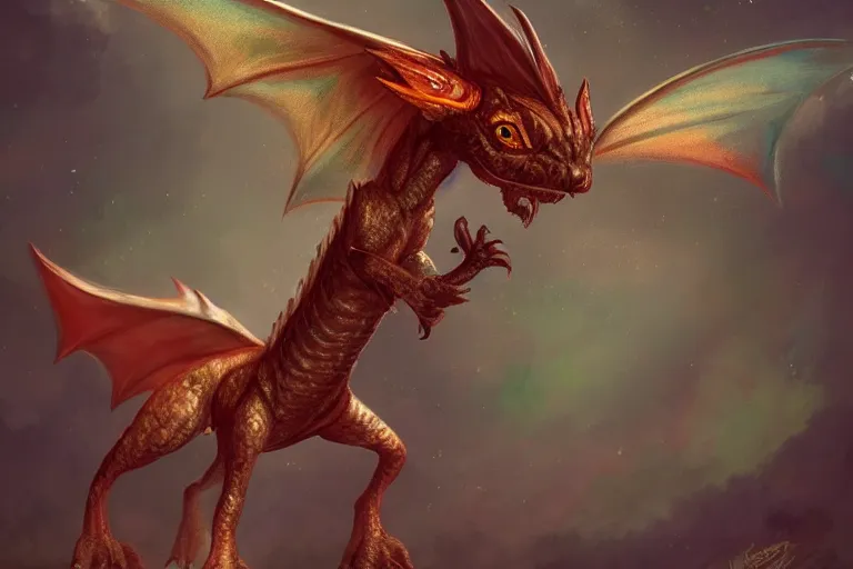 Prompt: full body digital illustration of a cute baby dragon with iridescent wings, concept art, matte background, deviantArt, artstation, artstation HQ, HD, 4k resolution