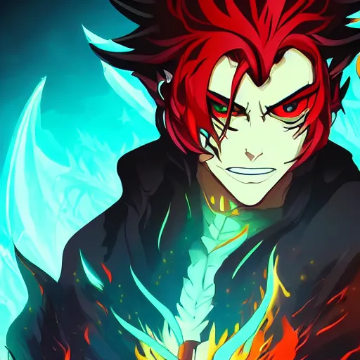 Prompt: villan devil handsome in demon slayer art, night, fire lines, anime style, detailed face, high quality, smooth in 8k, sharp focus, beautiful scene, black border, beautiful scene with a lot of colors, colorful fire