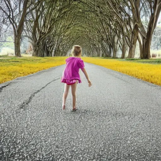 Prompt: a little girl walks away walking in the middle of a road that stretches between trees, the centerline strip is yellow, highly detailed, sharp focus