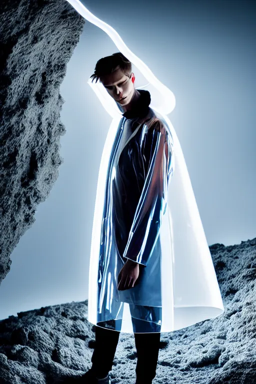 Prompt: an ultra high definition professional high fashion portrait studio full length photograph of a male model sleeping wearing a transparent pearlescent raincoat and neon visor in an icelandic black rock environment at dawn. no artefacts. extremely detailed. stark. refraction. shallow depth of field. volumetric light and shadow. ray tracing. light rays.