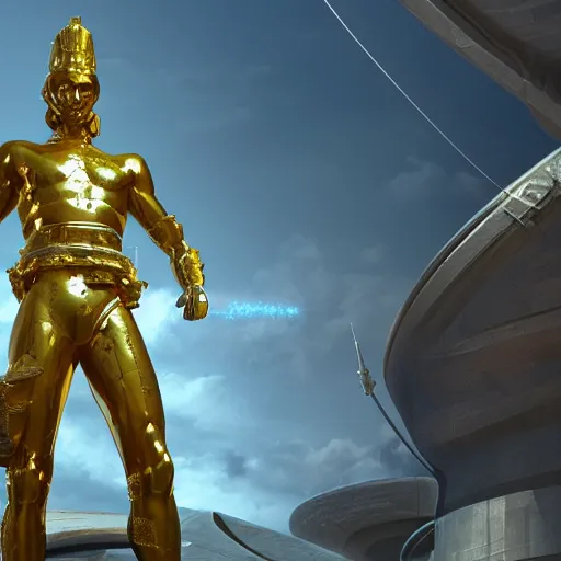 Image similar to king gold statue reflect chrome, 8 k uhd, unreal engine, octane render in the artstyle of finnian macmanus, john park and greg rutkowski