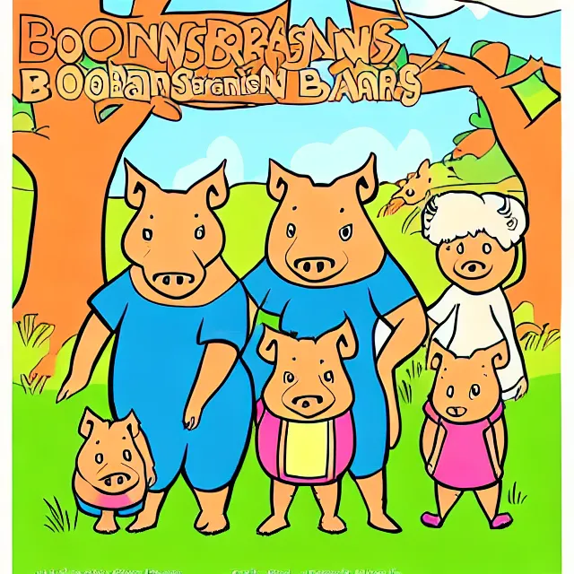 Image similar to children's book cover illustration for the boarenstain boars, cartoon boar family wearing clothing, in the style of stan and jan berenstain.