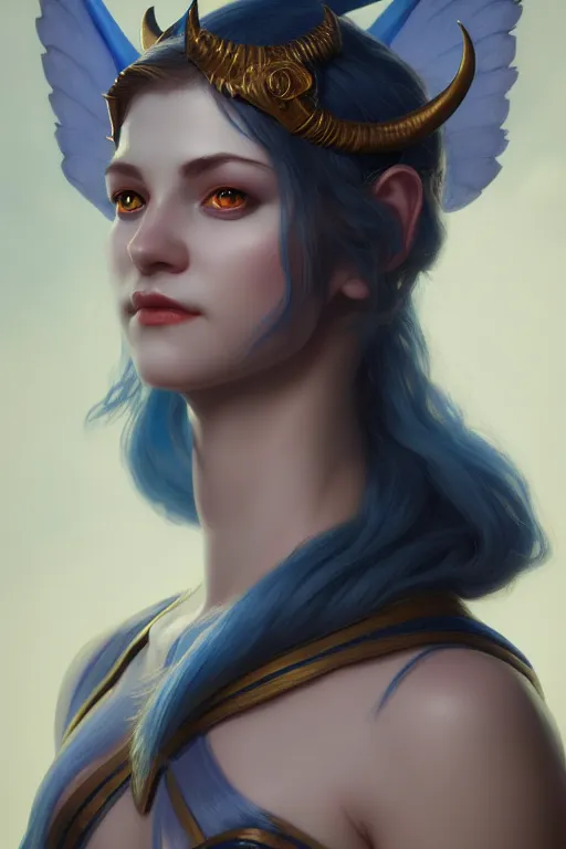 Prompt: a portrait of a Tiefling with blue skin and wings , illustration, soft lighting, soft details, painting oil on canvas by Edmund Blair Leighton and Charlie Bowater octane render trending on artstation d&d characters, 4k, 8k, HD