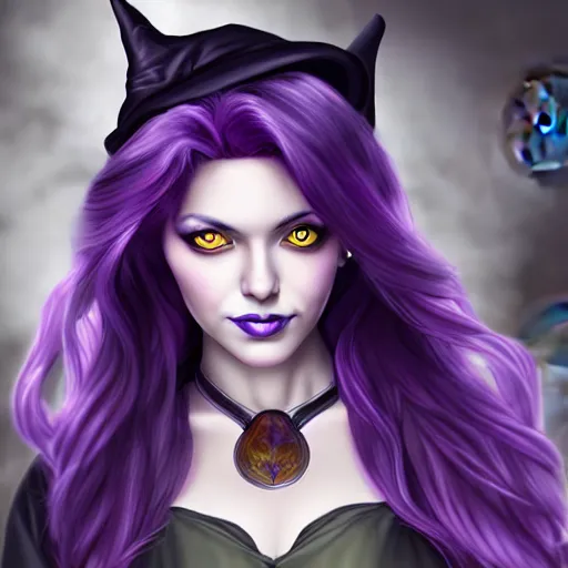 Prompt: head and shoulders portrait of a witch with purple hair, female, alchemy lab in background, by artgerm