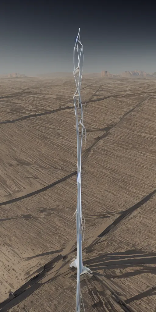 Prompt: massive vertical grand prix race, tower of babylon, white architecture, cerro dominador radial vertical solar power plant in the desert, trending on artstation, featured on behance, octane render, award winning, archviz, matte painting, epic