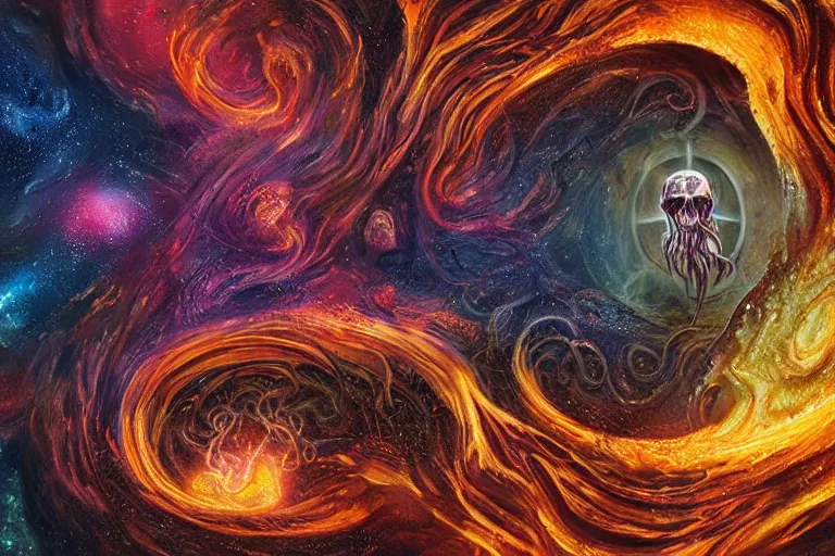 Image similar to a giant skull and flesh creature with deep and intricate rune carvings and twisting lovecraftian tentacles emerging from a space nebula by dan mumford, twirling smoke trail, a twisting vortex of dying galaxies, collapsing stars, digital art, photorealistic, vivid colors, highly detailed, intricate