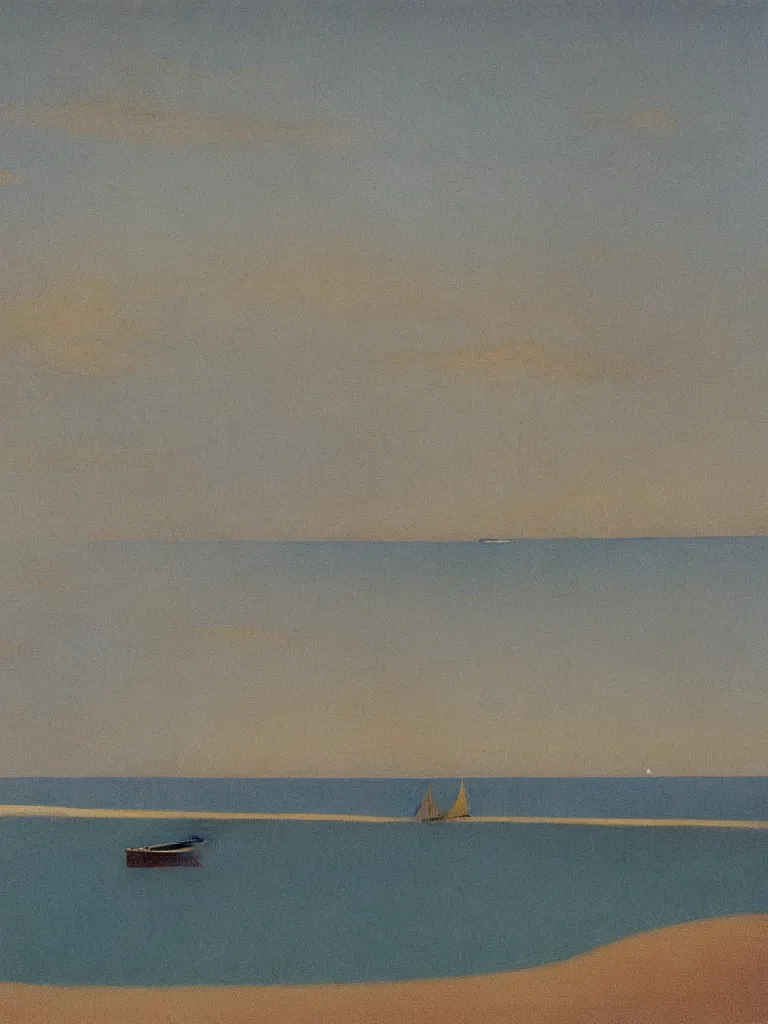 Prompt: a boat in first plan floating on stylized water on bassin d'arcachon a sand dune in background surronded by the sky, australian tonalism, pale gradients design, matte drawing, clean and simple design, outrun color palette. a vintage neo retro poster painted by Morandi, Agnes Pelton