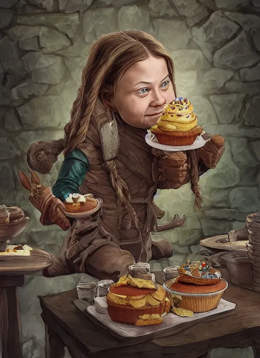 Image similar to greta thunberg as a medieval goblin eating cakes, detailed digital art, trending on Artstation