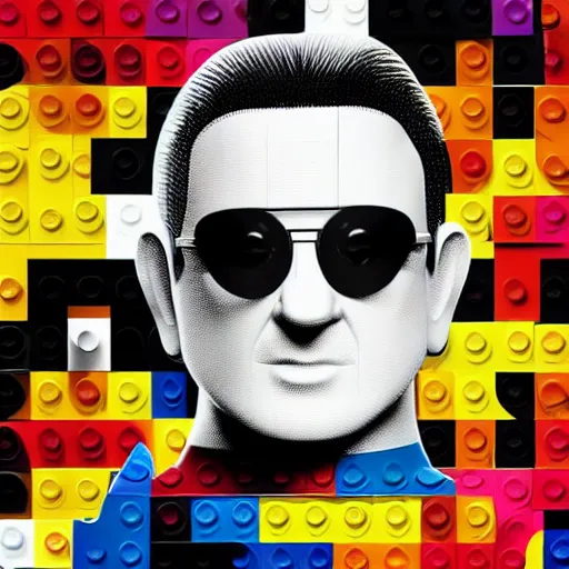 Image similar to studio photo, bono from u 2 as lego minifigure, photorealistic, detailed, studio lighting, 4 k