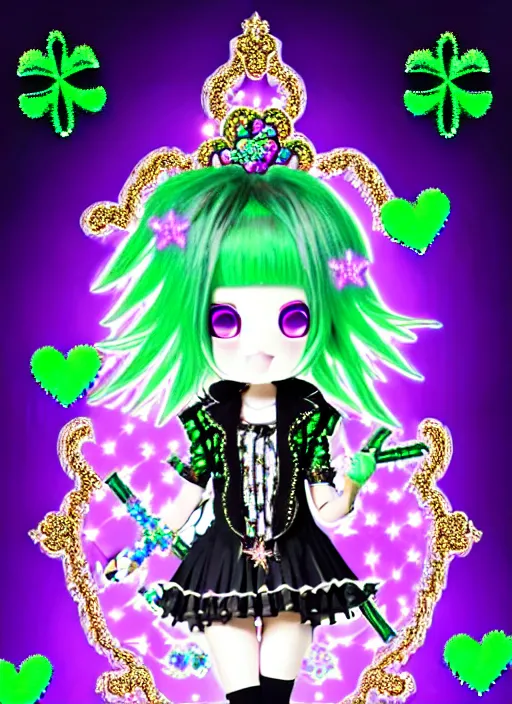 Image similar to baroque bedazzled gothic royalty frames surrounding a hologram of decora styled green haired yotsuba koiwai wearing a gothic spiked jacket, background full of lucky clovers, crosses, and shinning stars, holography, irridescent