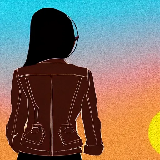 Image similar to a woman with light blue shutter shades in front of a sunset, a dark brown leather jacket, one side brown haircut with blue ends, vector art by jan tengnagel, pixabay contest winner, retrofuturism, retrowave, synthwave, outrun, portrait,