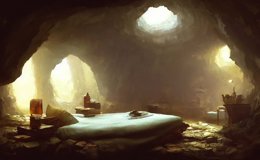 Prompt: painting of an interior of a cozy bedroom in a cave, small hot spring and lush garden outside, natural light, fantasy, natural light, concept art, by greg rutkowski and craig mullins, cozy atmospheric and cinematic lighting, trending on artstation