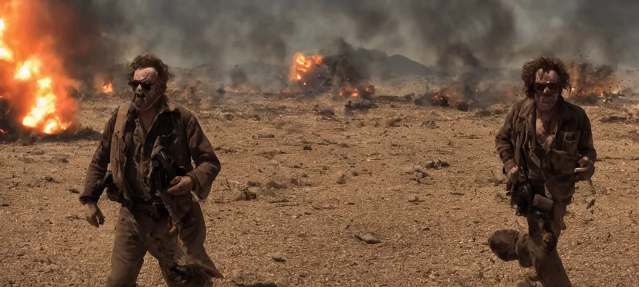 Prompt: Cinematic action movie still of a weary battle-worn rugged Clown holding a desert eagle casually walking away from an explosion in the background, the man is wearing aviator sunglasses, cinematic, award winning cinematography, high resolution