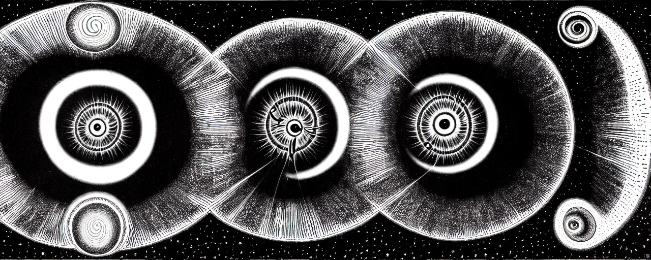 Prompt: a giant eyeball sings a unique canto about'as above so below'to the a cosmic cochlea, while being ignited by the spirit of haeckel and robert fludd, breakthrough is iminent, glory be to the magic within, in honor of saturn, painted by alex grey