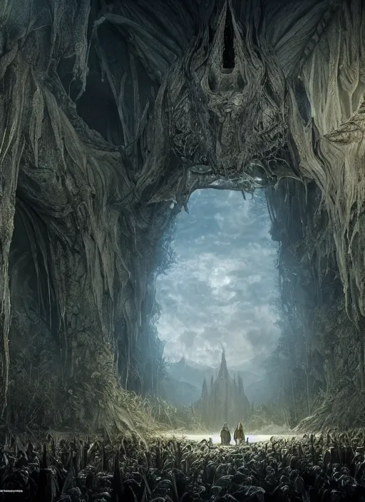 Prompt: medieval adventurers in the lord of the rings scenery landscape, inside an enormous overgrown alien cathedral, huge statue of a dragon, portal to another dimension in the sky, highly detailed, cinematic lighting, perfect composition, 4 k, gustave dore, derek zabrocki, greg rutkowski, octane render