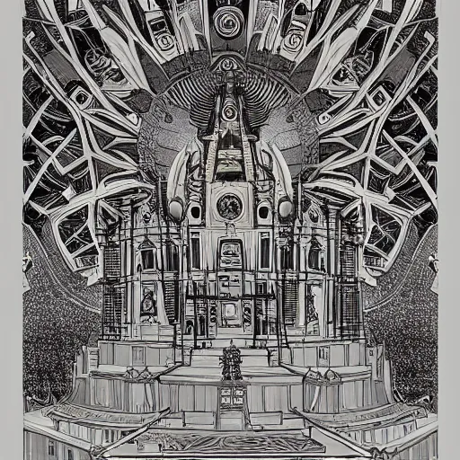 Prompt: a temple worshipping the 4 seasons, style blend of Burning Man, Neo-Andean architecture, cyberpunk, and The Vatican, depicted in a mixed style of Möbius, Masamune Shirow, Rafael, neoclassical paintings, and Shepard Fairey, Extremely fine ink lineart