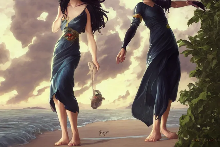 Prompt: cassandra cain wearing a sundress, beach, ocean, joy, character, cg animation, riot entertainment, arcane, realistic, character select portrait, by artgerm, greg rutkowski, alphonse mucha, 3 d