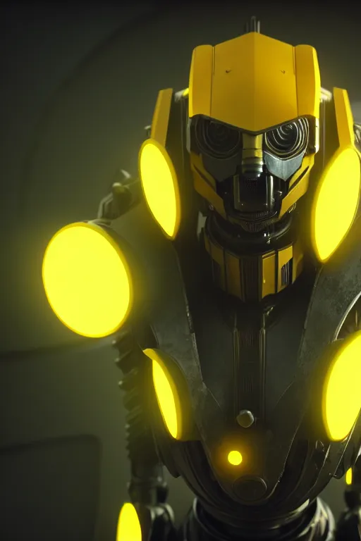 Prompt: a cinematic still from west world, yellow mech bumblebee, humanoid servo, octane render, nvidia raytracing demo, masterpiece, aged armor plating, aggressive head,