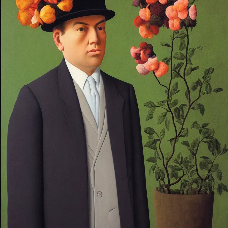 Prompt: portrait of man in a suit with flower head by rene magritte, detailed painting, hd, hq, high resolution, high detail, 4 k, 8 k
