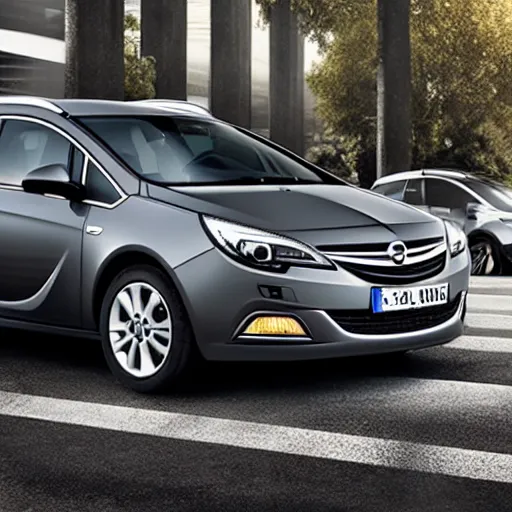 Image similar to photo of a dark grey 2012 opel astra sports tourer parked on a street corner, photorealistic, detailed, 4k