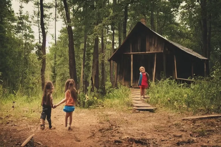 Image similar to a girl and his brother that is lost in the middle of a forest, infront of them is a mysterious dirty dusty cabin wooden house